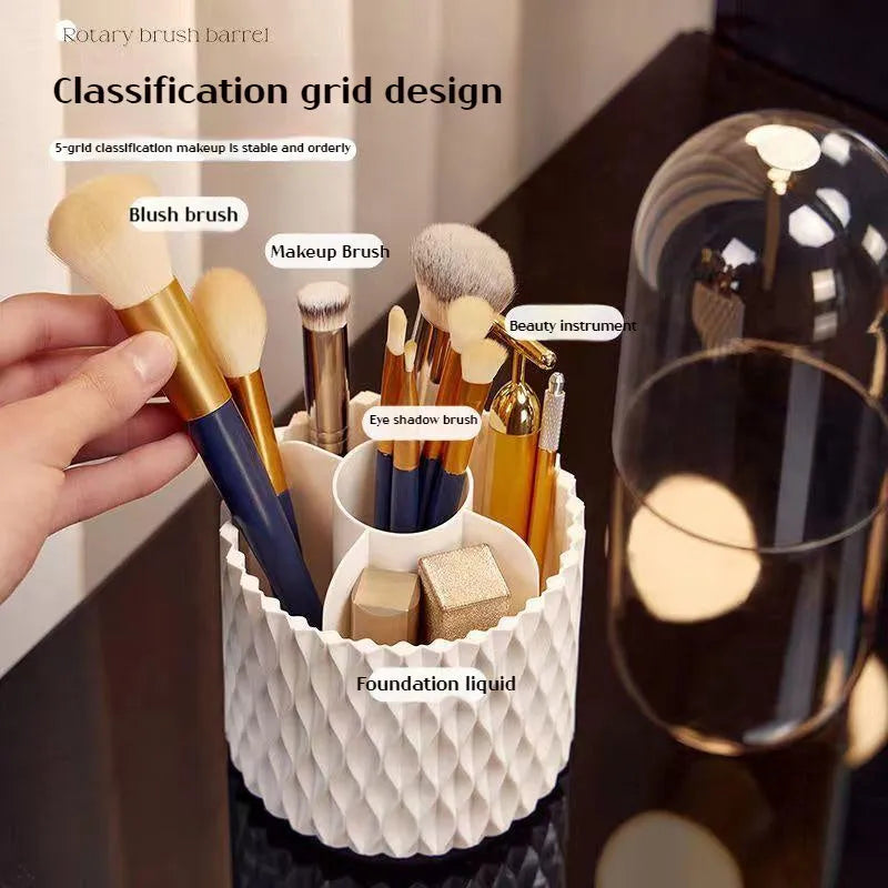 White acrylic rotating makeup brush holder with transparent dust cover on desktop