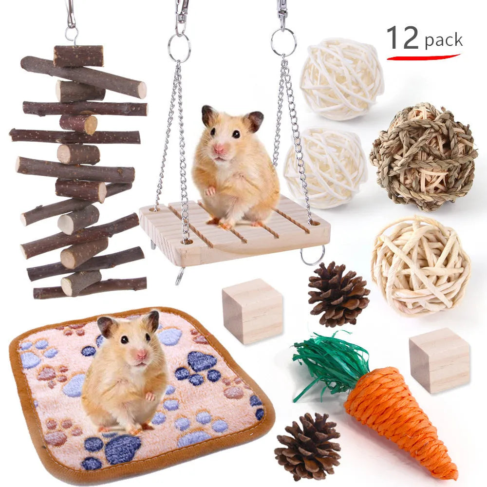 Wooden small animal toy set with chew toys and woven enrichment items for rabbits, guinea pigs or parrots