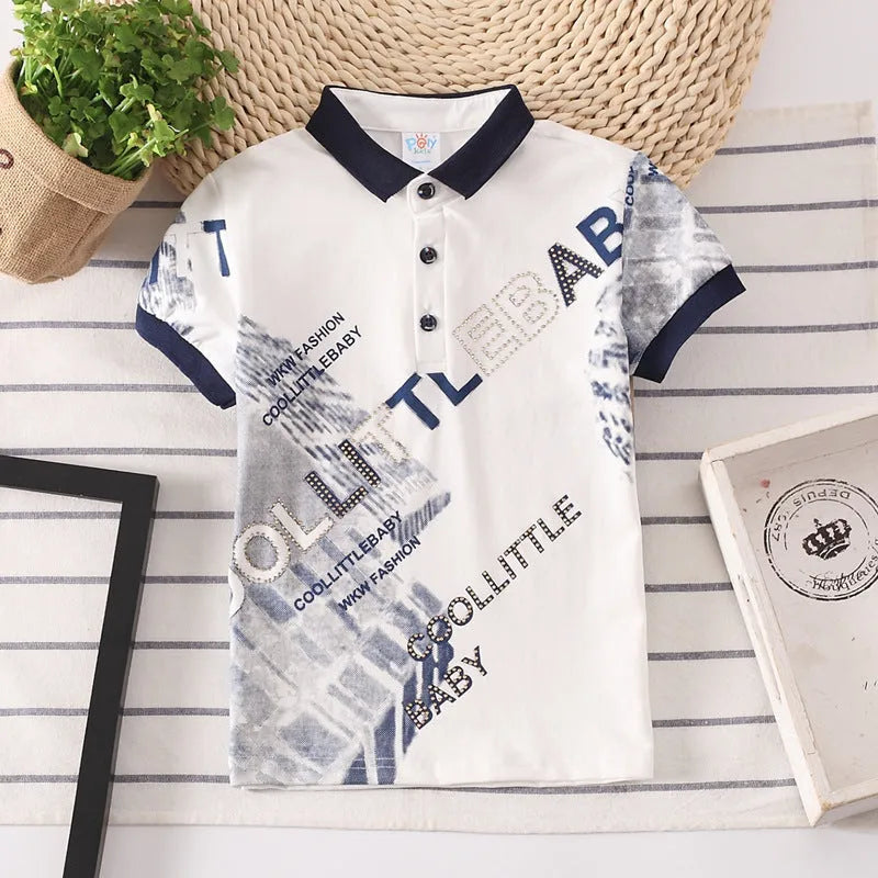 Short sleeve cotton kids shirt in solid colour with lapel collar, shown on a child.