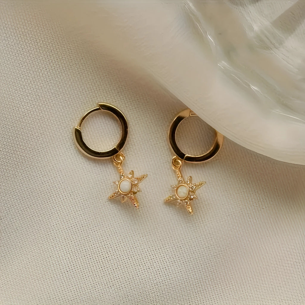 Gold eight-pointed star opal earrings for women, copper base, geometric drop style