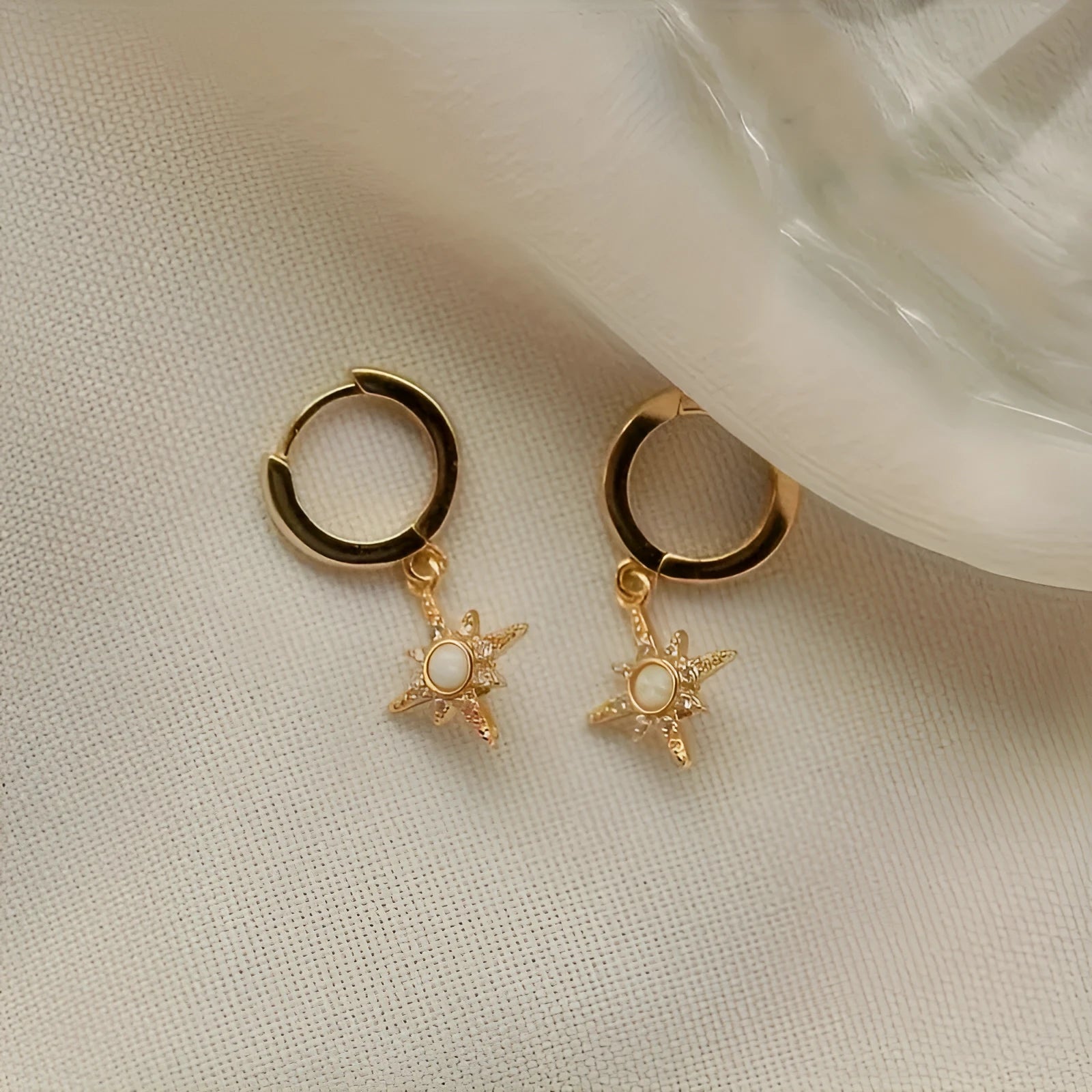 Gold eight-pointed star opal earrings for women, copper base, geometric drop style