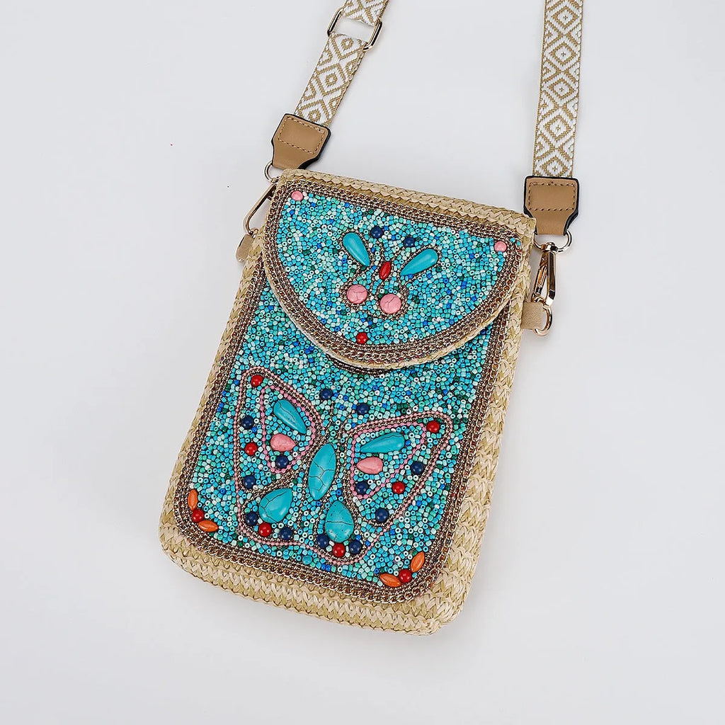 Rice bead straw woven women's crossbody shoulder bag square vertical shape with phone pocket