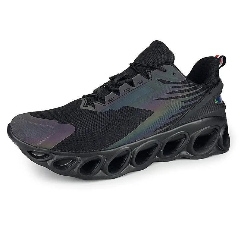Men's low-top black mesh casual sports shoes with white laces and a light EVA sole.