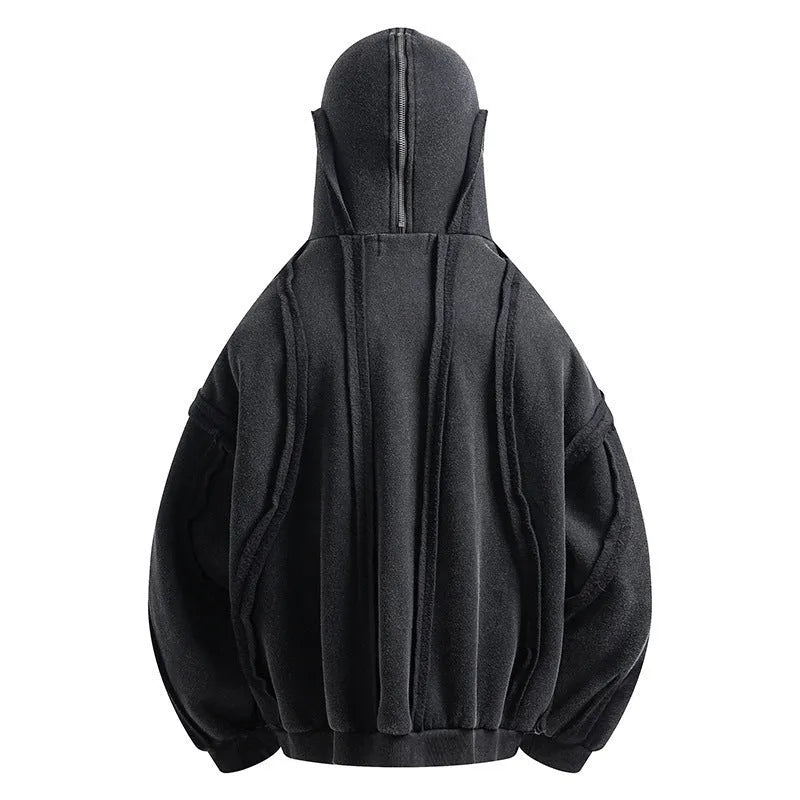 Black padded cotton cardigan coat with zip front and abstract pattern