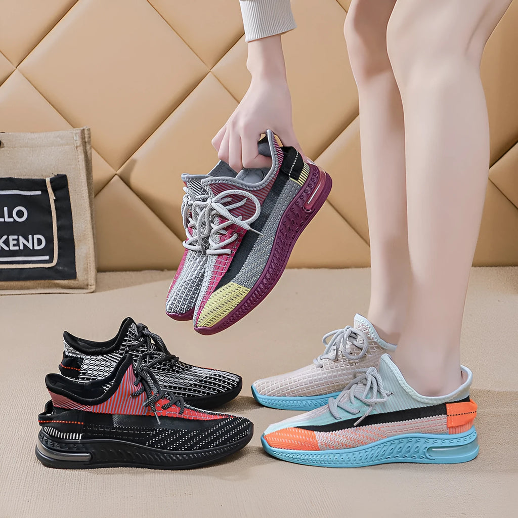 Women's casual lightweight running shoes in black, orange, or purple with round toe and lace-up design