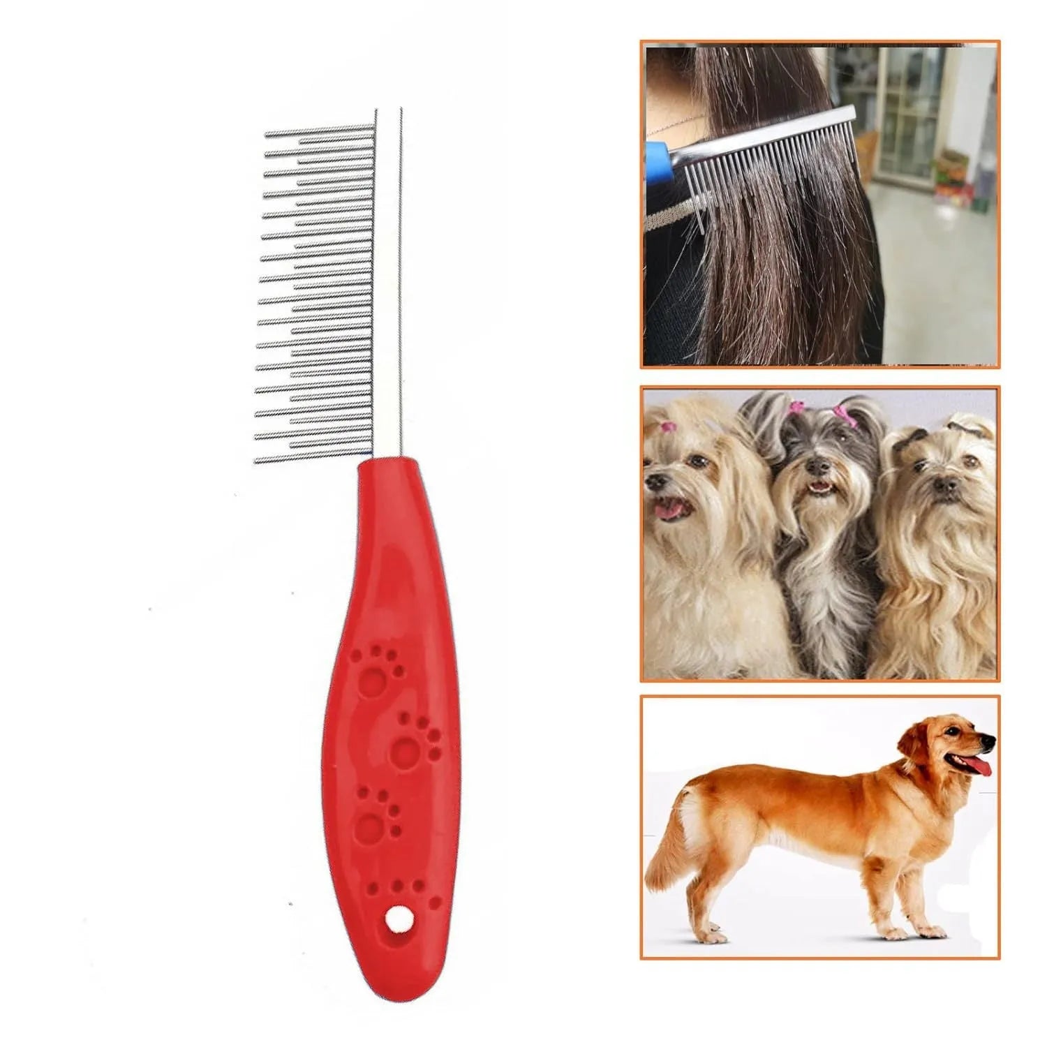 Red pet dematting comb with short and long stainless steel teeth and a plastic handle.