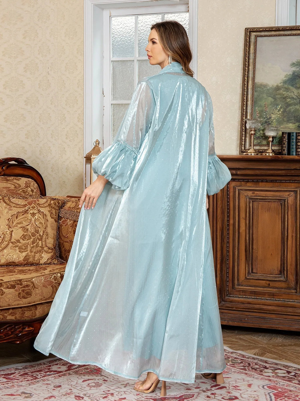 Dubai two-piece Arabic dress set with rhinestone straps in polyester fabric