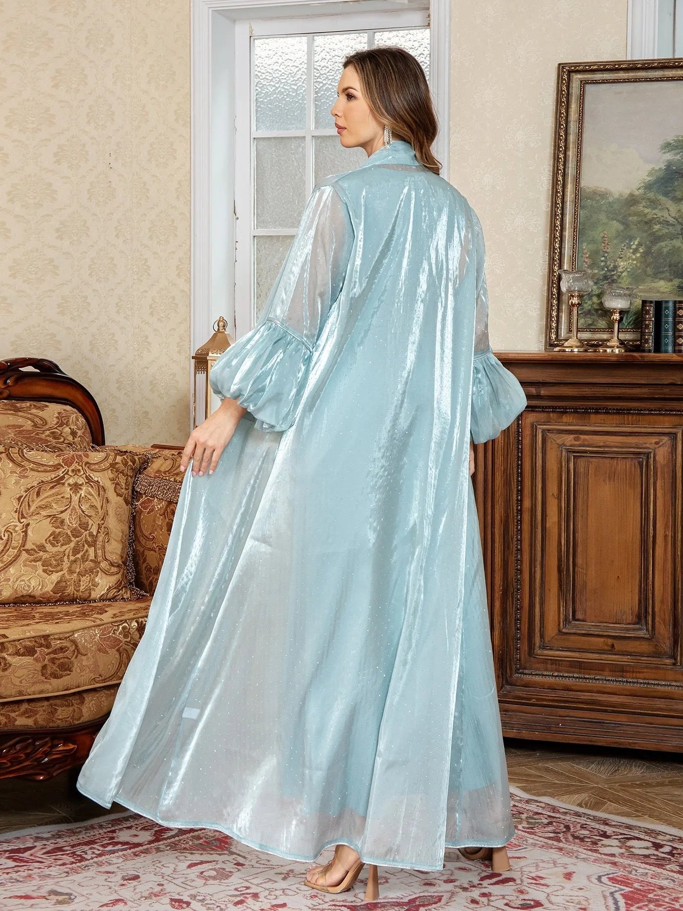Dubai two-piece Arabic dress set with rhinestone straps in polyester fabric