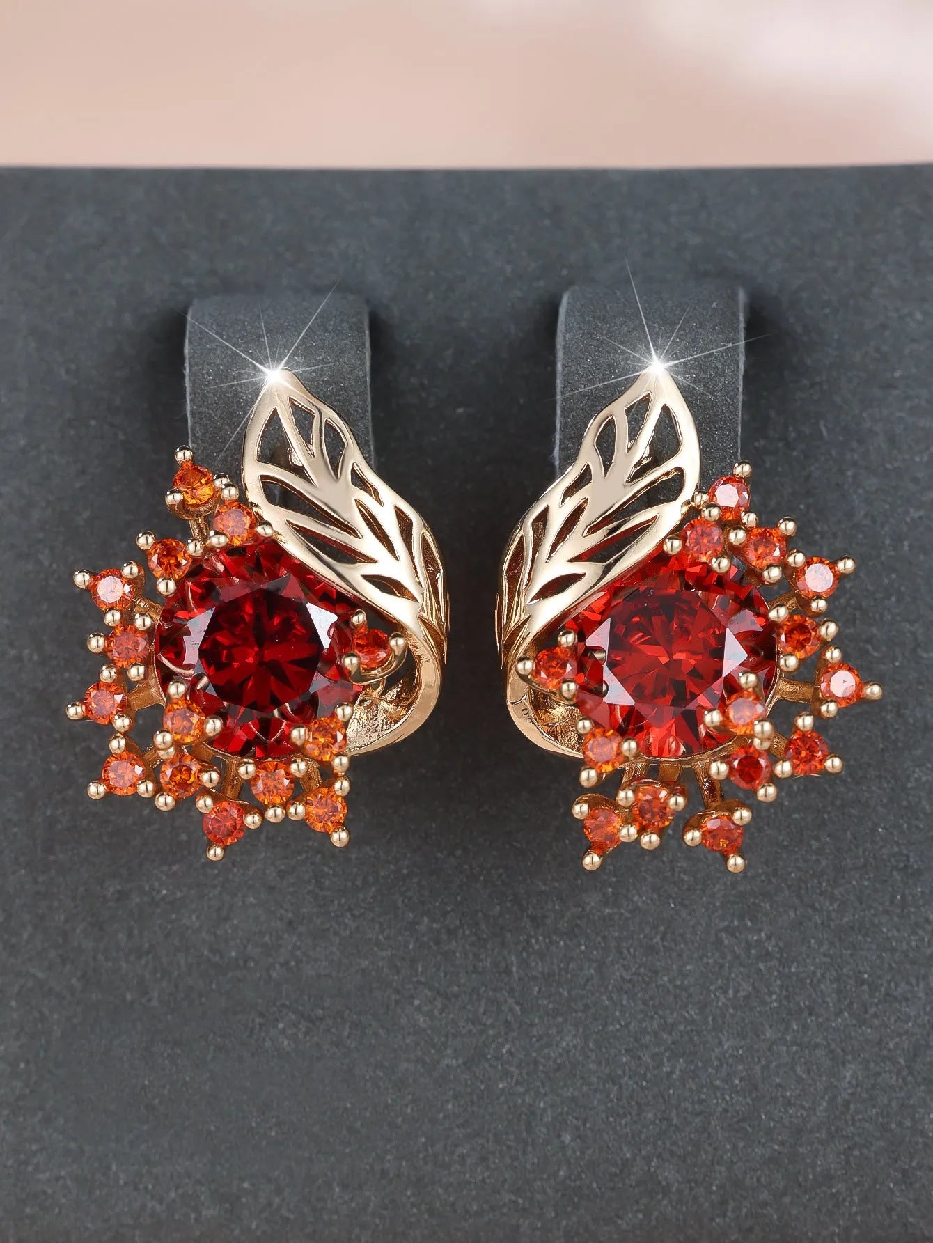 Round flowers feather zircon earrings for women with champagne gold electroplated copper and six colour options