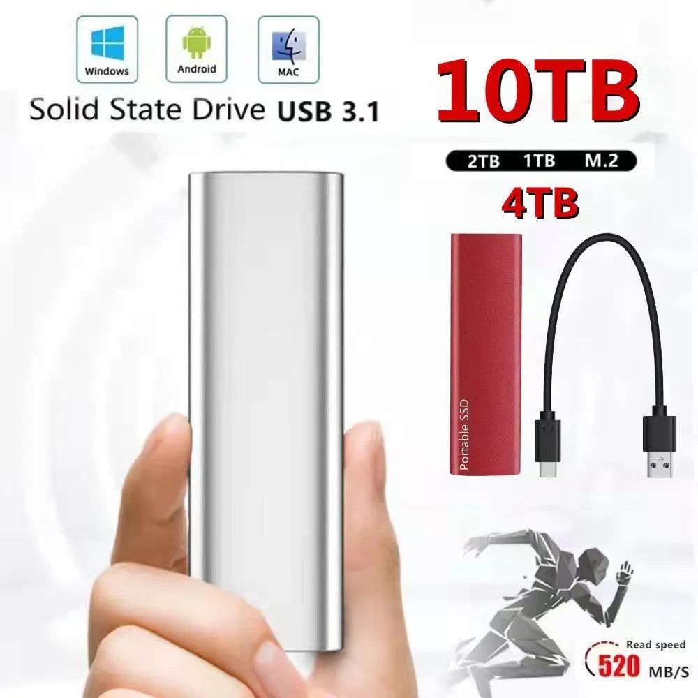 Ultra-thin metal external SSD hard drive in red, black, blue, or silver colour options.