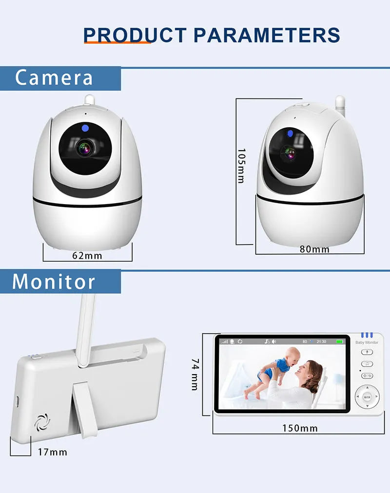 White wireless baby monitor with 5-inch screen showing baby room video