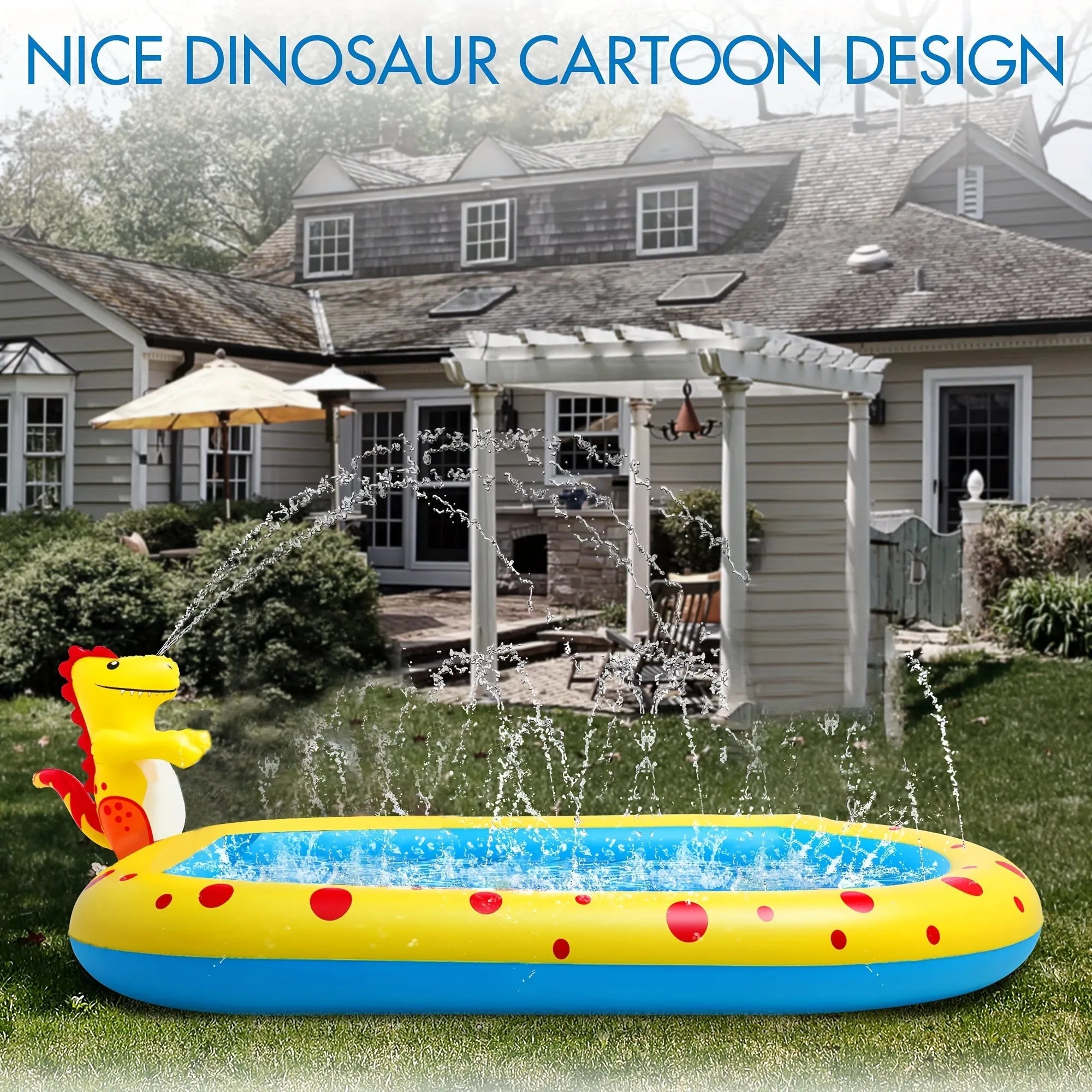 Blue inflatable dinosaur-shaped pool with water spray feature, shown in a garden setting.