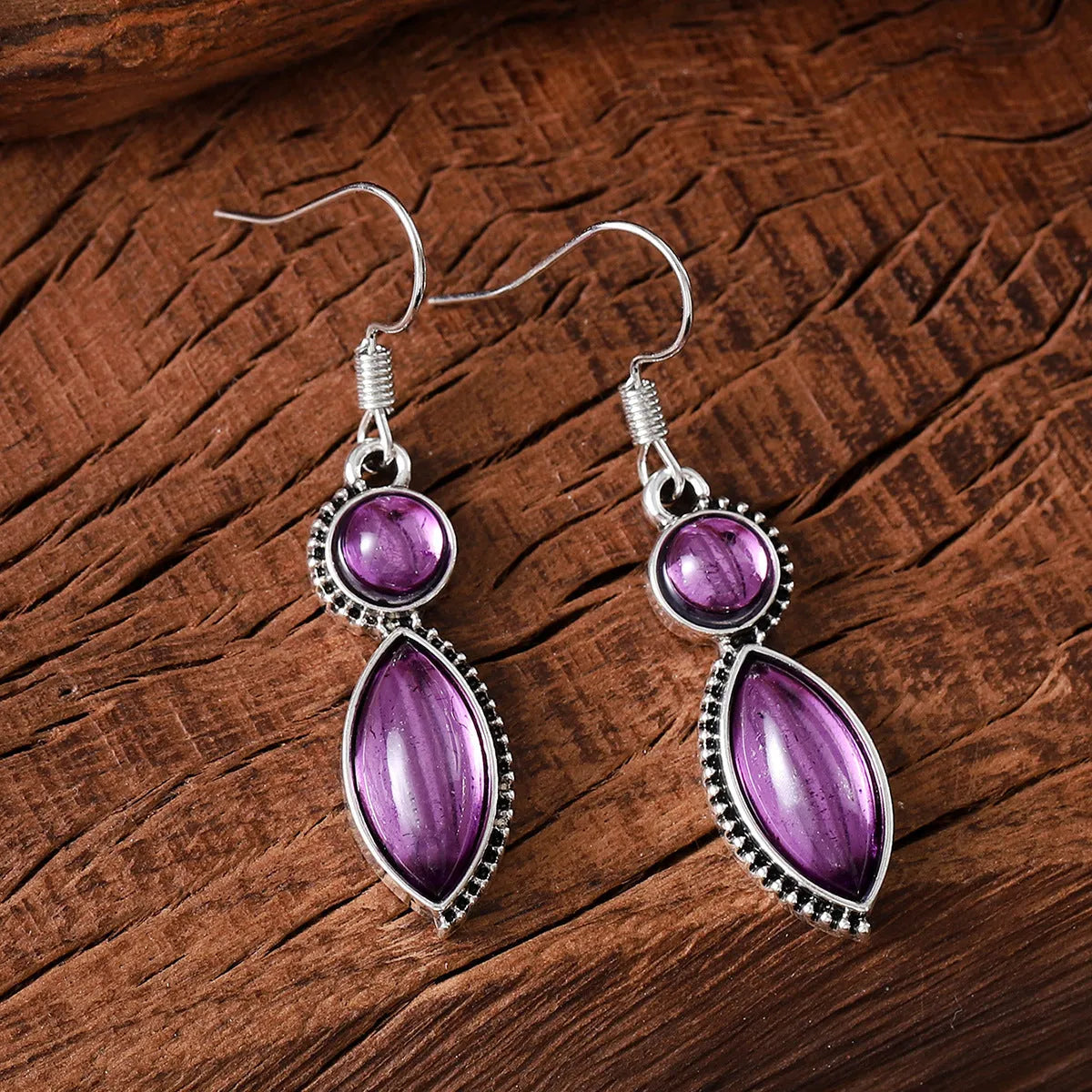 Black and purple geometric vintage gemstone pendant earrings with zinc alloy construction