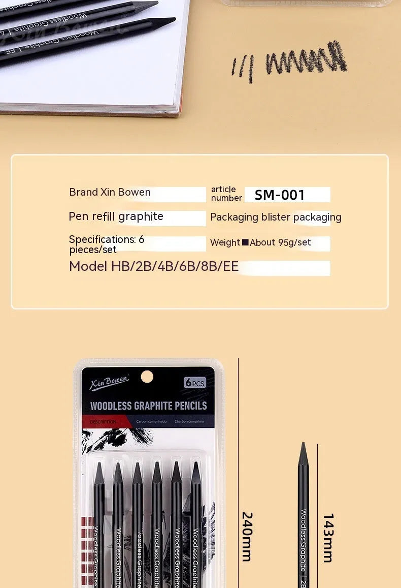 Set of wood-free graphite sketching pencils in six hardness grades for drawing and art