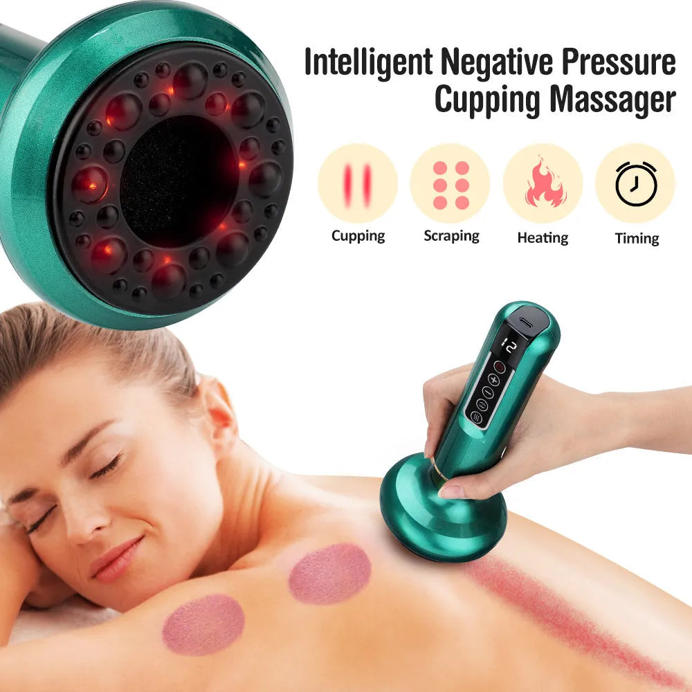 Green electric vacuum cupping massager device with USB charger on a white background.