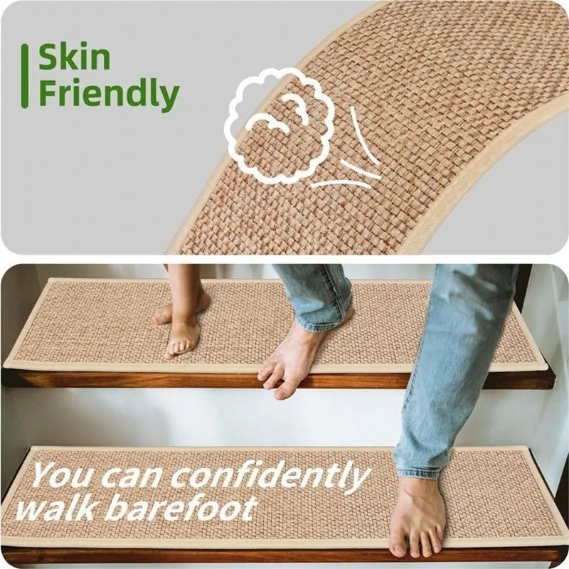 Japanese-style solid-colour linen stair mat with rubber backing on a wooden step.
