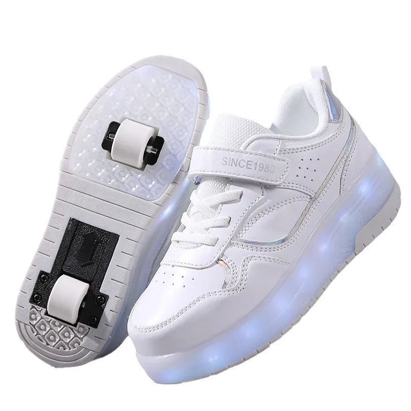 Electric roller skates with USB charging port in pink, white, black, or purple colours