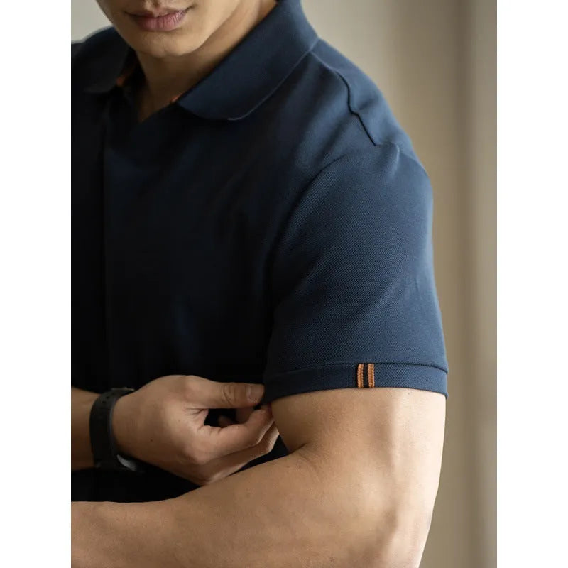 American-style short-sleeved polo shirt in blue black and white cotton blend fabric