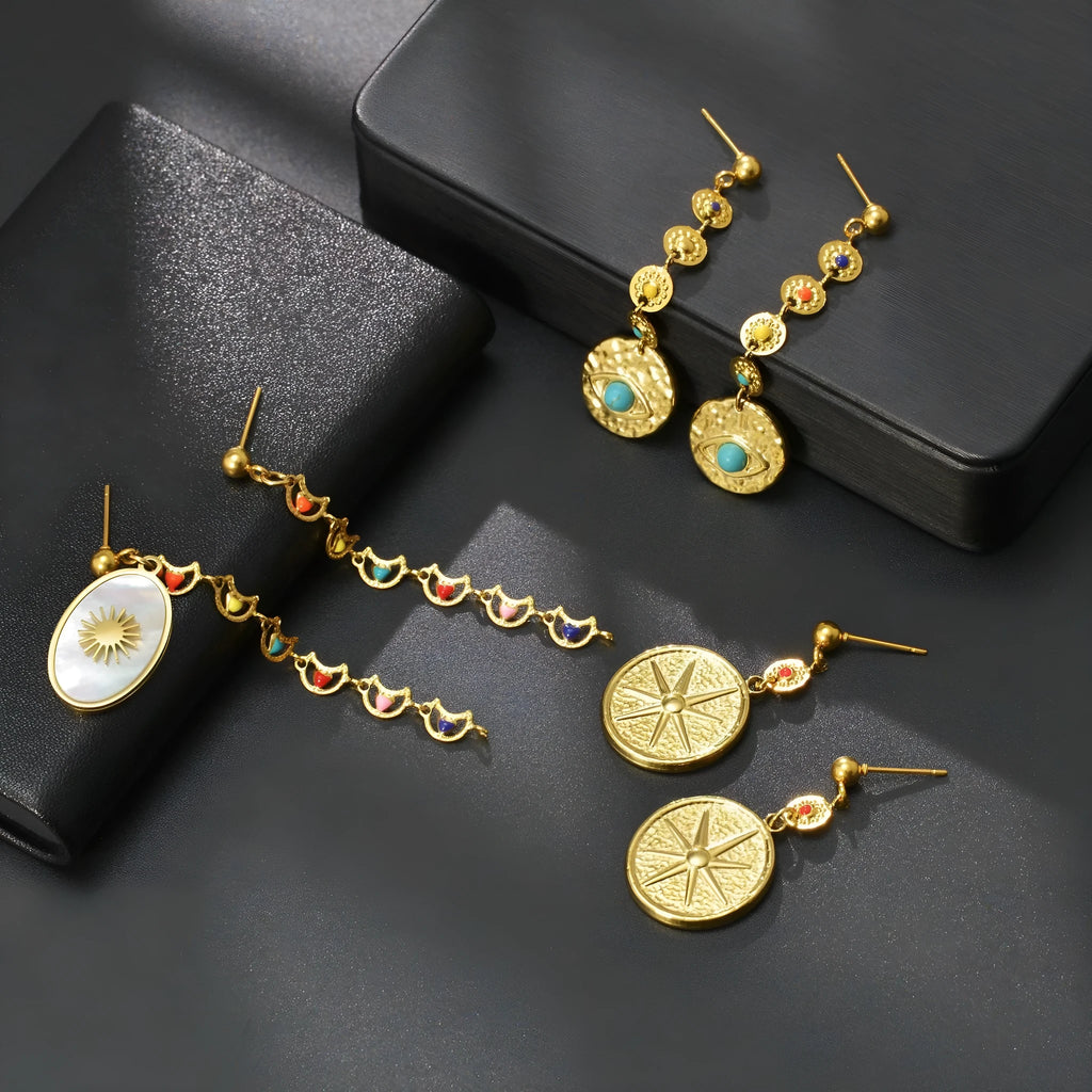 Stainless steel geometric personality earrings showing Eight Awn Star, Eye, and Shell Sun designs.