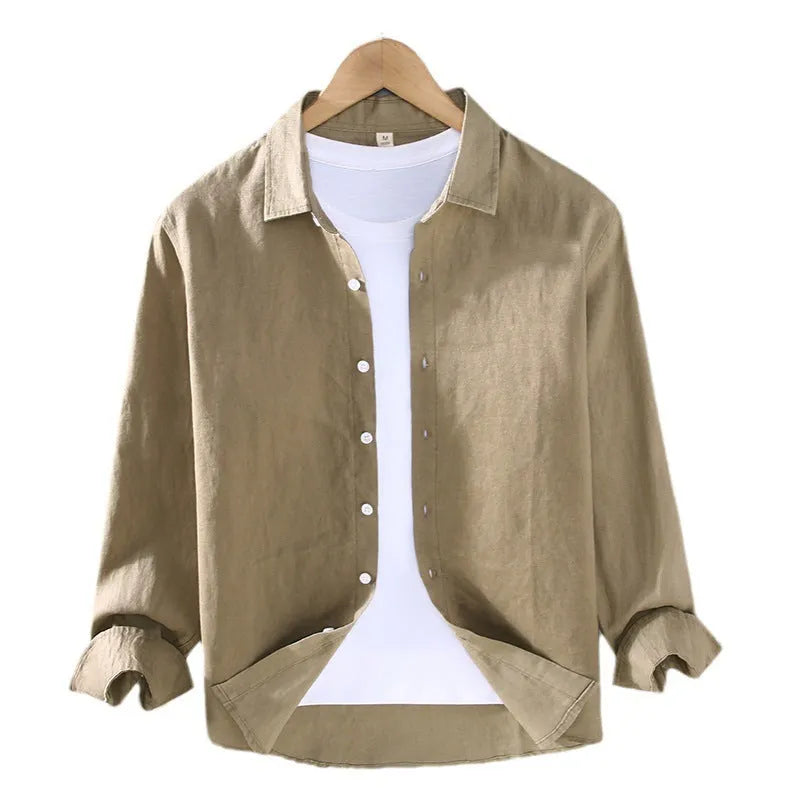 Pure linen men's shirt in cardigan style with long sleeves, shown in solid colour
