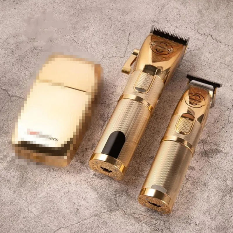 Gold coloured cordless hair clipper with dual charging and power supply options