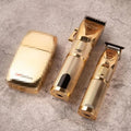 Gold coloured cordless hair clipper with dual charging and power supply options