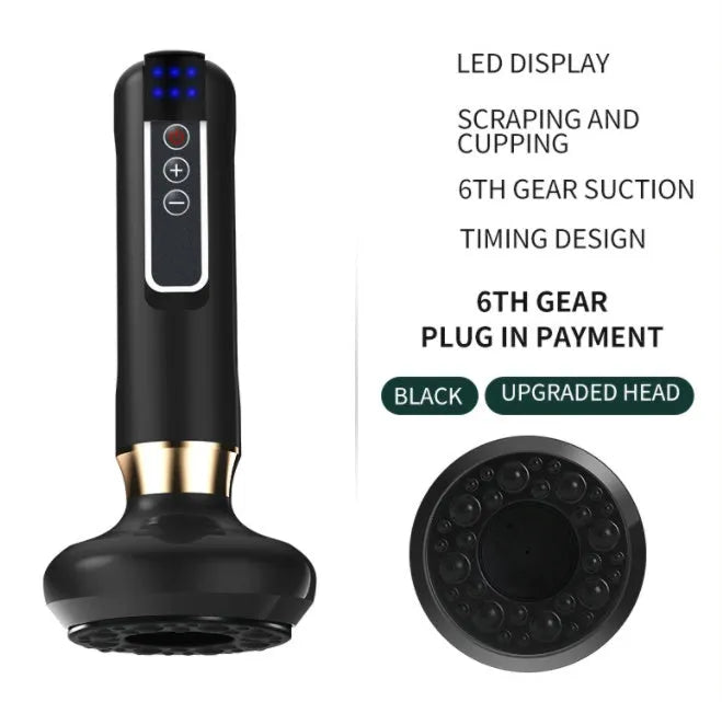 Green electric vacuum cupping massager device with USB charger on a white background.
