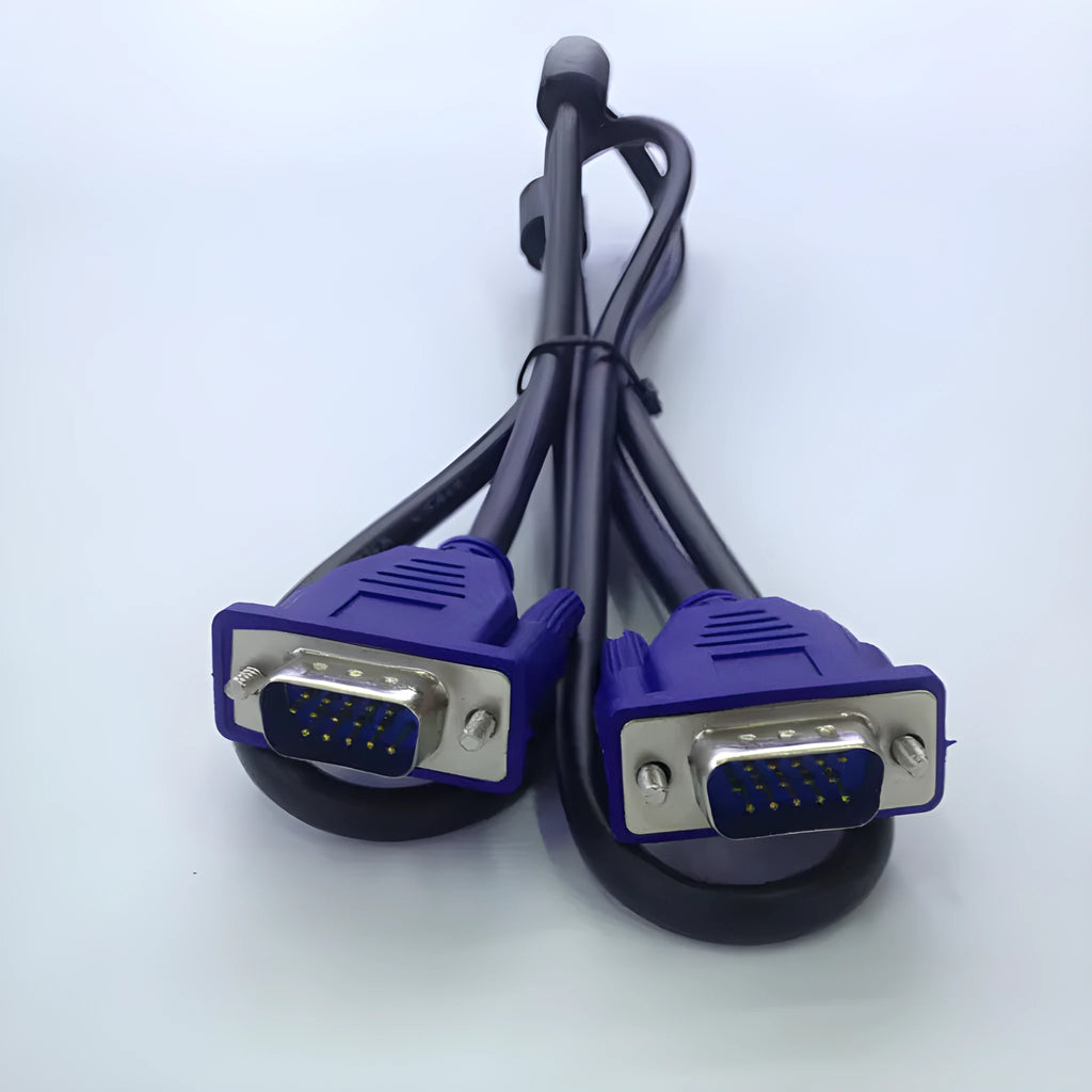 Black VGA cable with blue connector housings and nickel-plated terminals for computer monitor connections