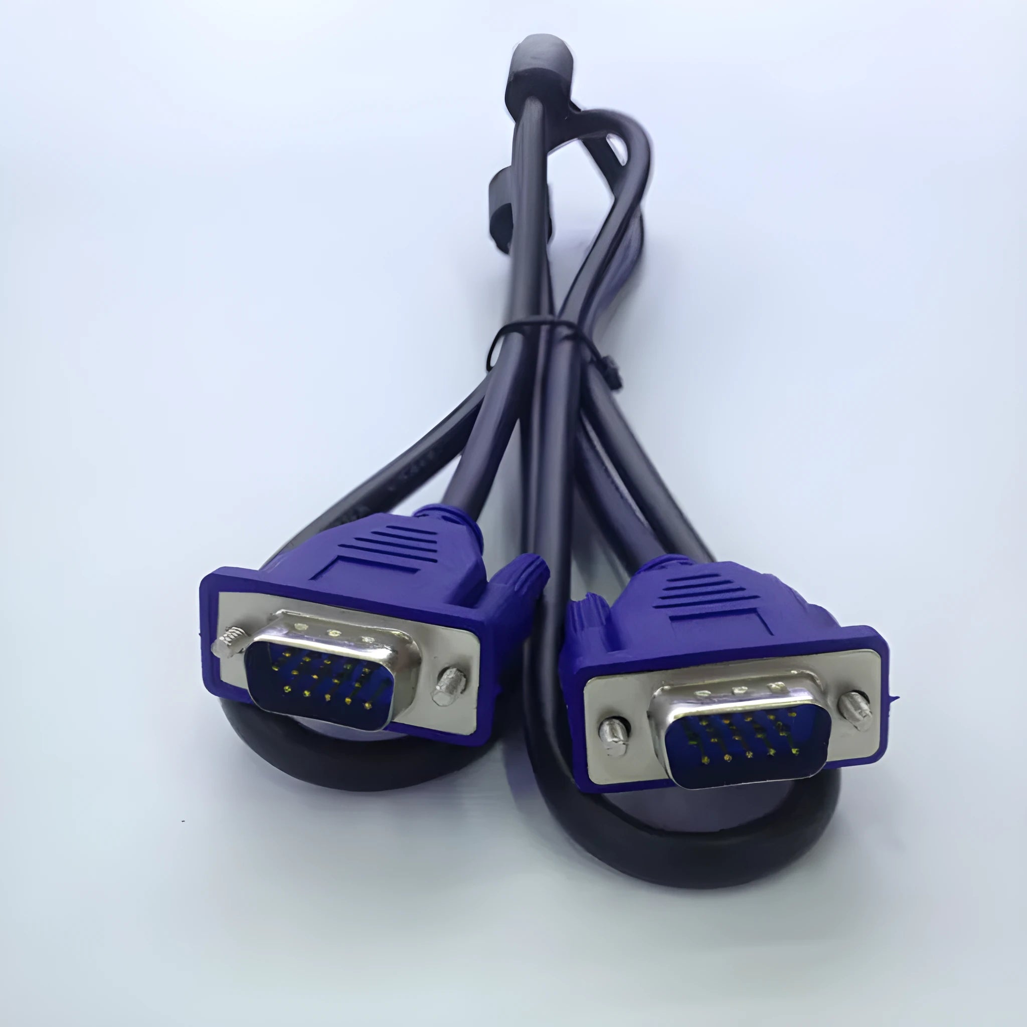 Black VGA cable with blue connector housings and nickel-plated terminals for computer monitor connections