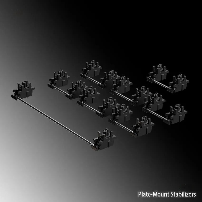 Keyboard stabiliser accessories set showing Black and Milky White components for 6.25U and 7U spacebar mechanical keyboards