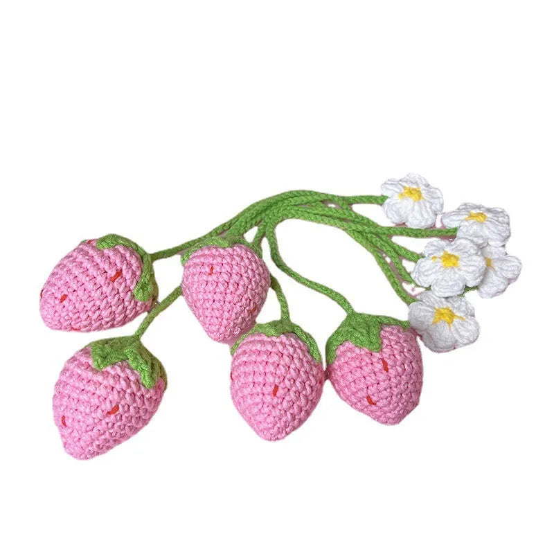 Knitted wool strawberry pendant necklace with 35cm cord and woven charm