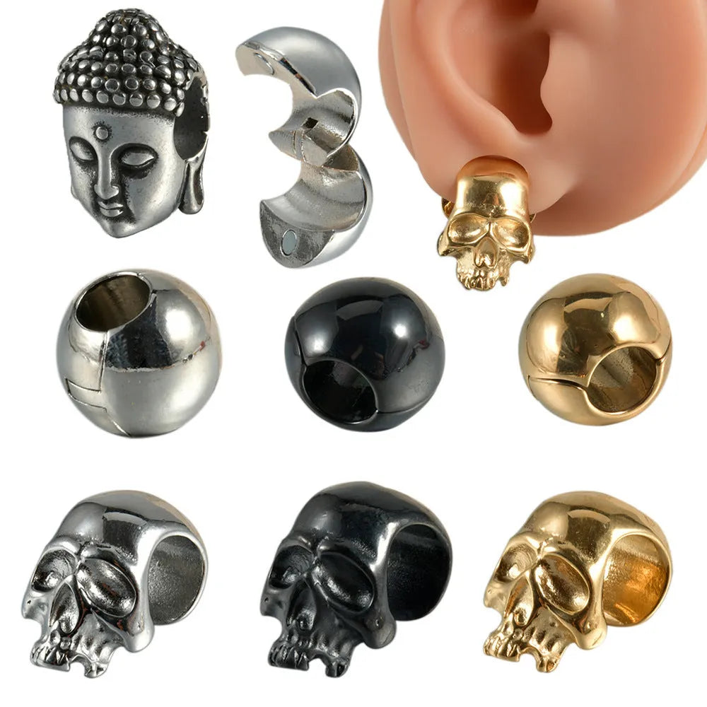 Stainless steel hollow skull Buddha earrings in electroplated colours for alternative hip hop fashion