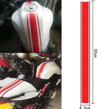 Motorcycle gas tank lid reflective pinstripe stickers in four colours showing dimensions and application