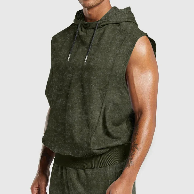 Men's fashion distressed all-over printed floral sleeveless hooded top in gray, slim fit, with 3D patch pocket
