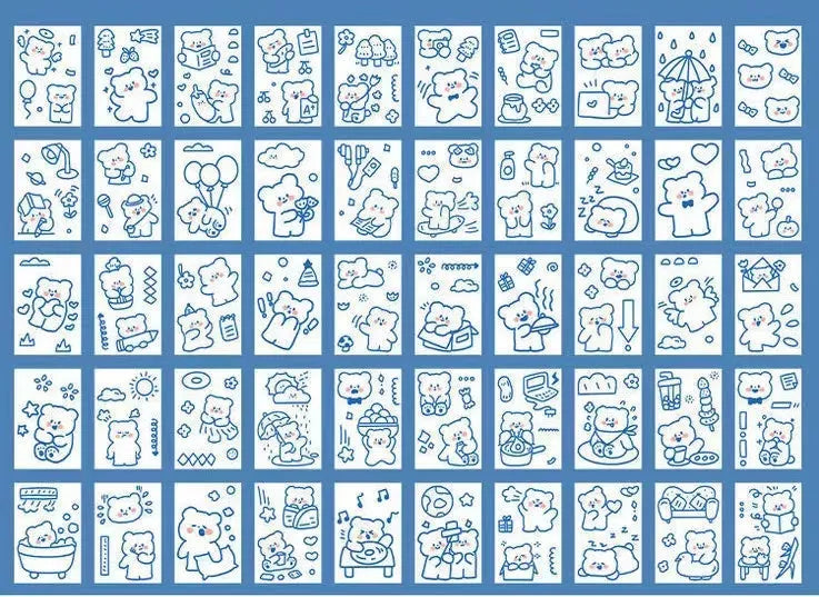 Fifty decorative sticker sheets in Japanese composite paper with cute animal and beverage designs measuring 40x60mm each