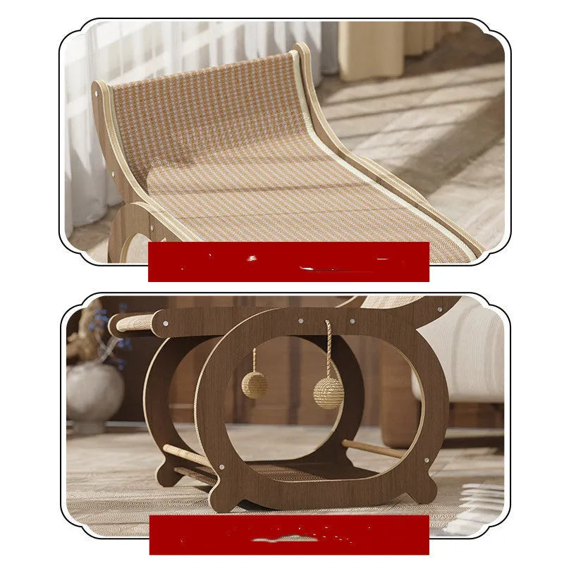 Solid wood sisal scratching mat with integrated recliner cat bed in walnut colour