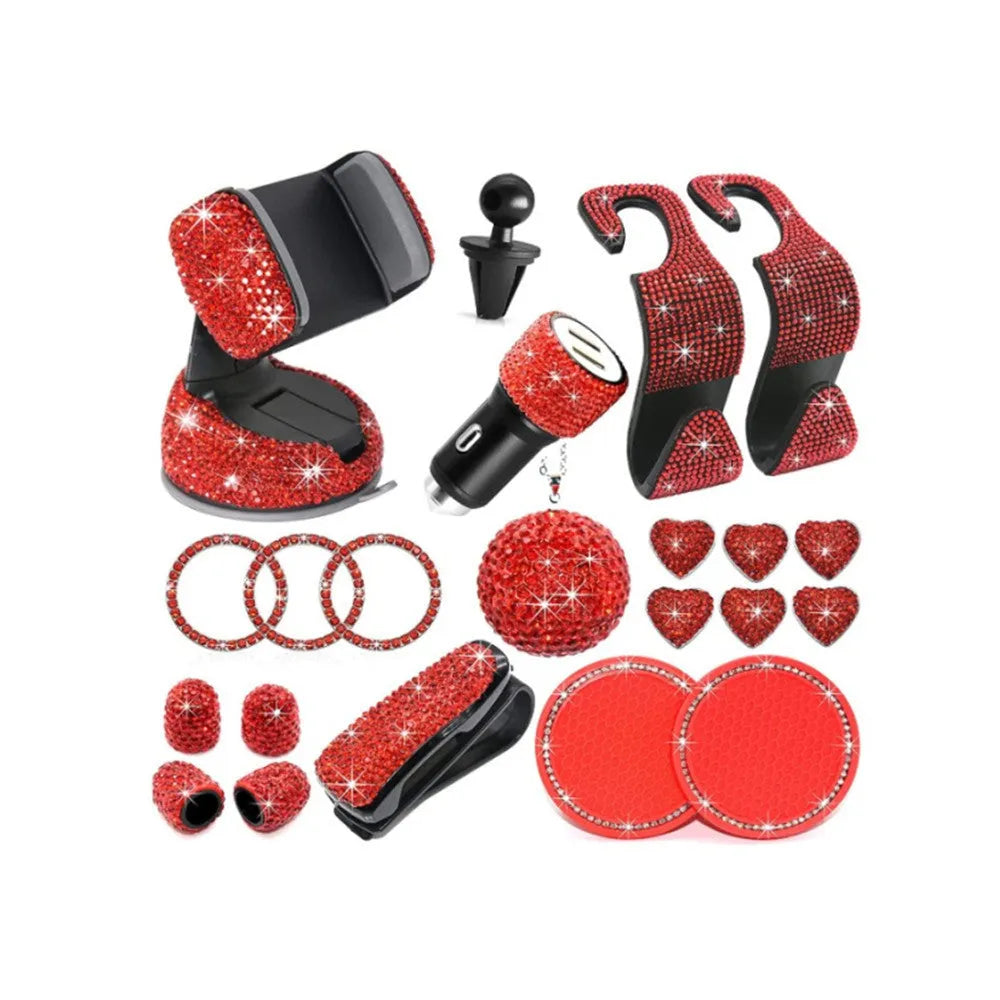 White rhinestone car interior accessories set in cardboard box