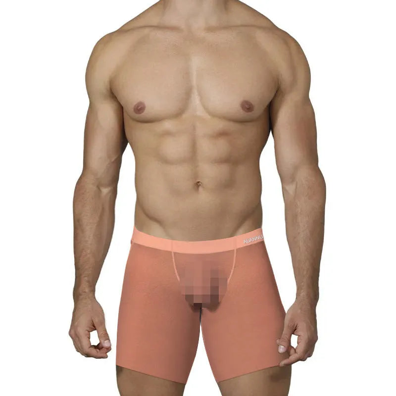Men's breathable ice silk nylon boxers in orange, pink, or red solid colours with low-waist design