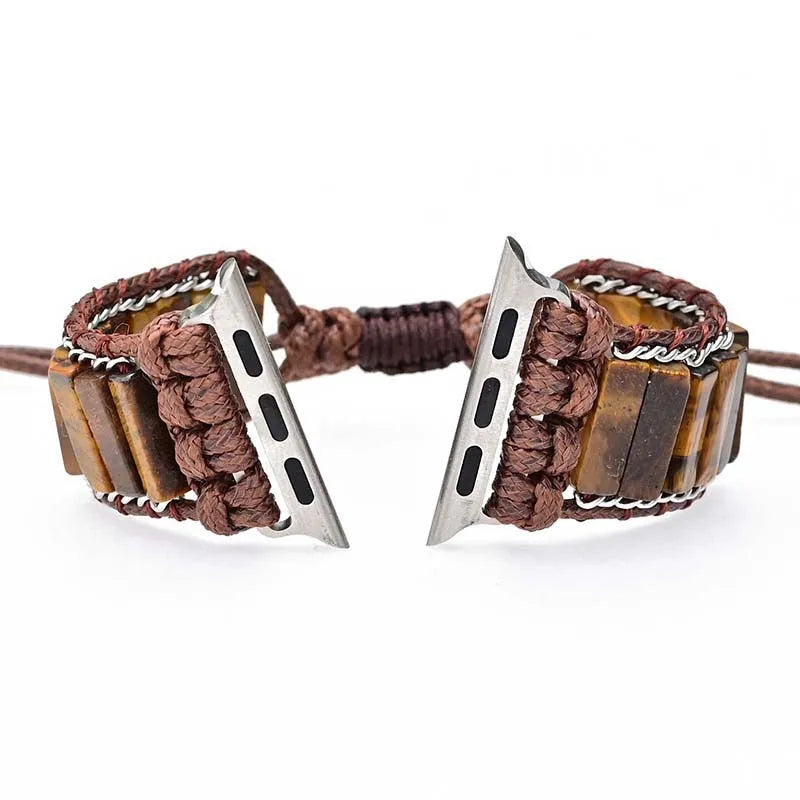 Rectangular tiger eye stone chain watch strap on adjustable textile band for 38-45mm watches