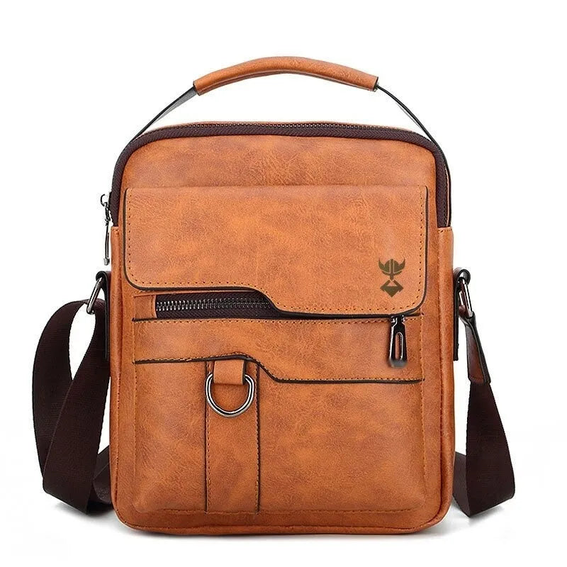 Khaki PU leather men's shoulder bag with square shape and single strap