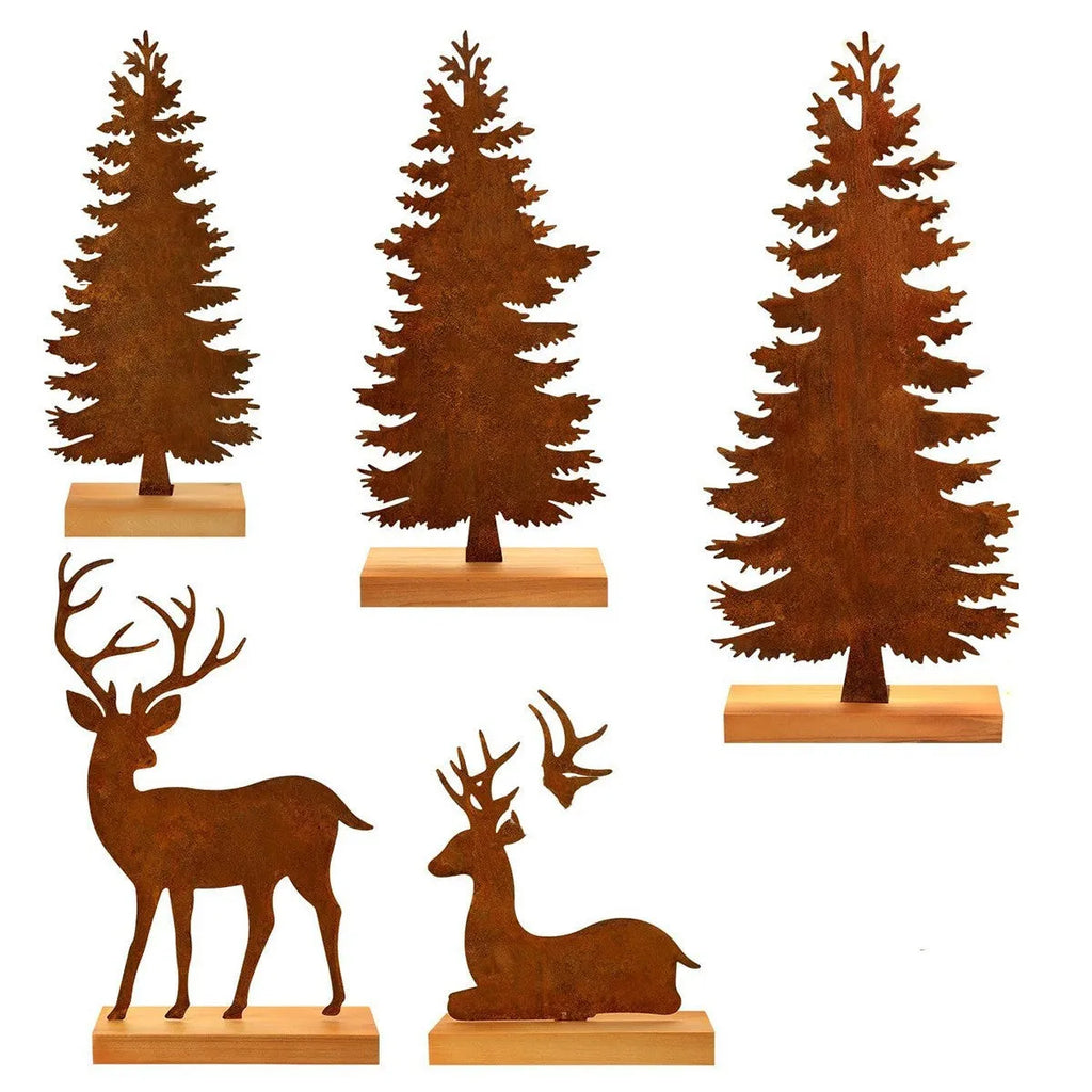 Set of three metal rusty Christmas tree elk decorations in American style for holiday display