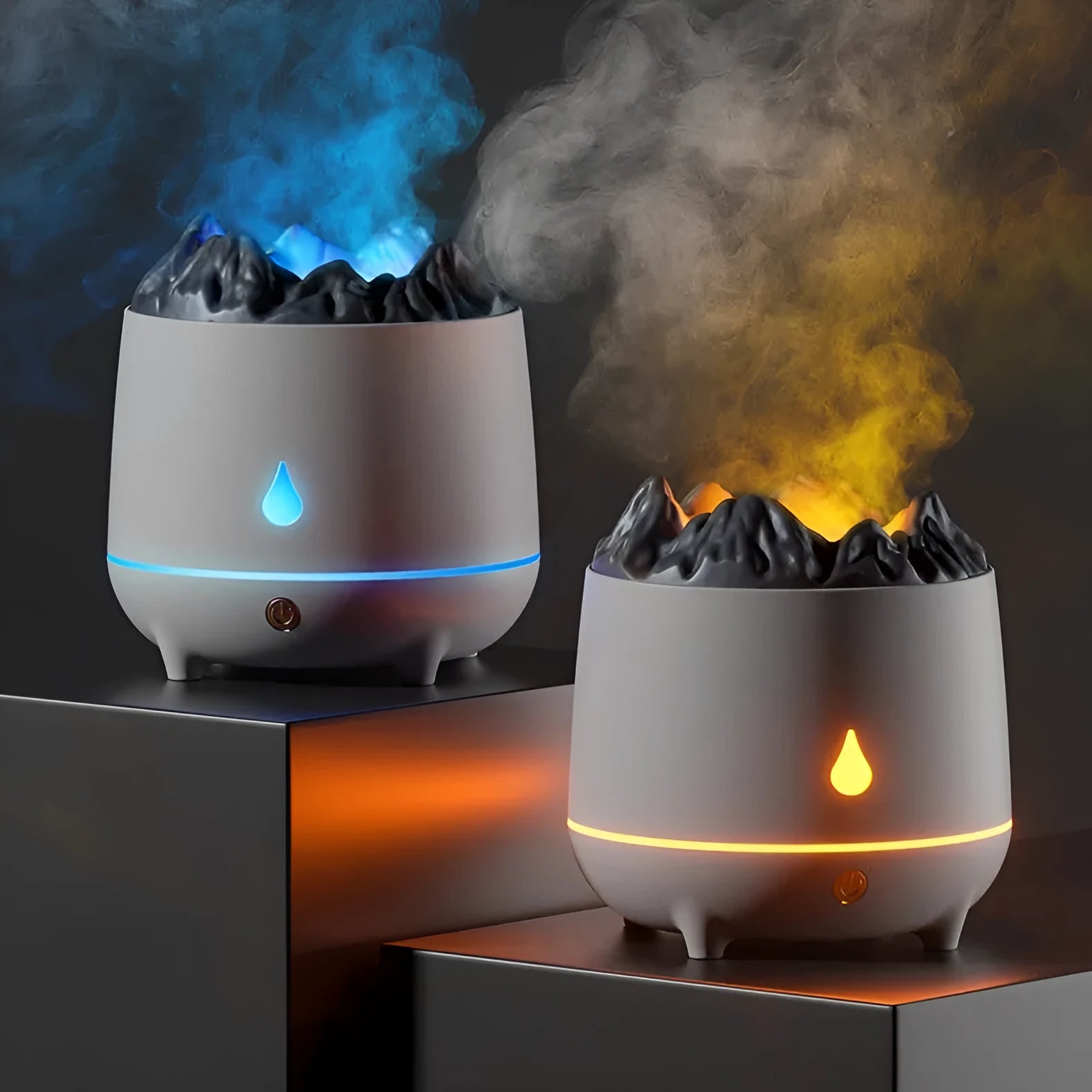 Black volcanic sculpture USB humidifier and aromatherapy diffuser on a wooden surface.