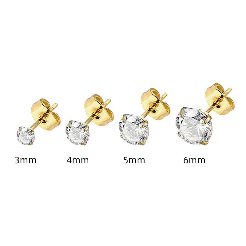 A pair of stainless steel geometric square zircon stud earrings on a plain background.