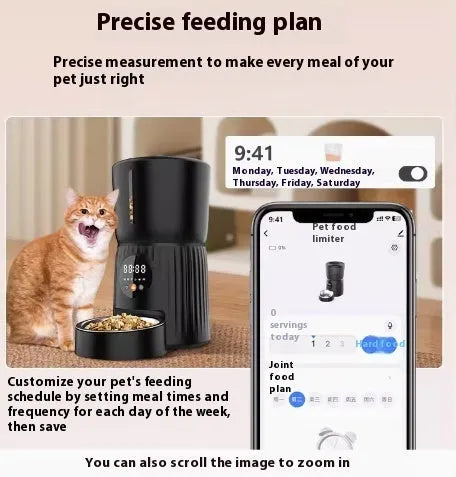Black and white automatic intelligent pet feeder with digital display and food bowl.
