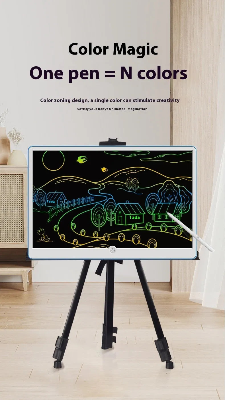 19-inch blue and white LCD children's drawing board showing a child's doodle on screen.
