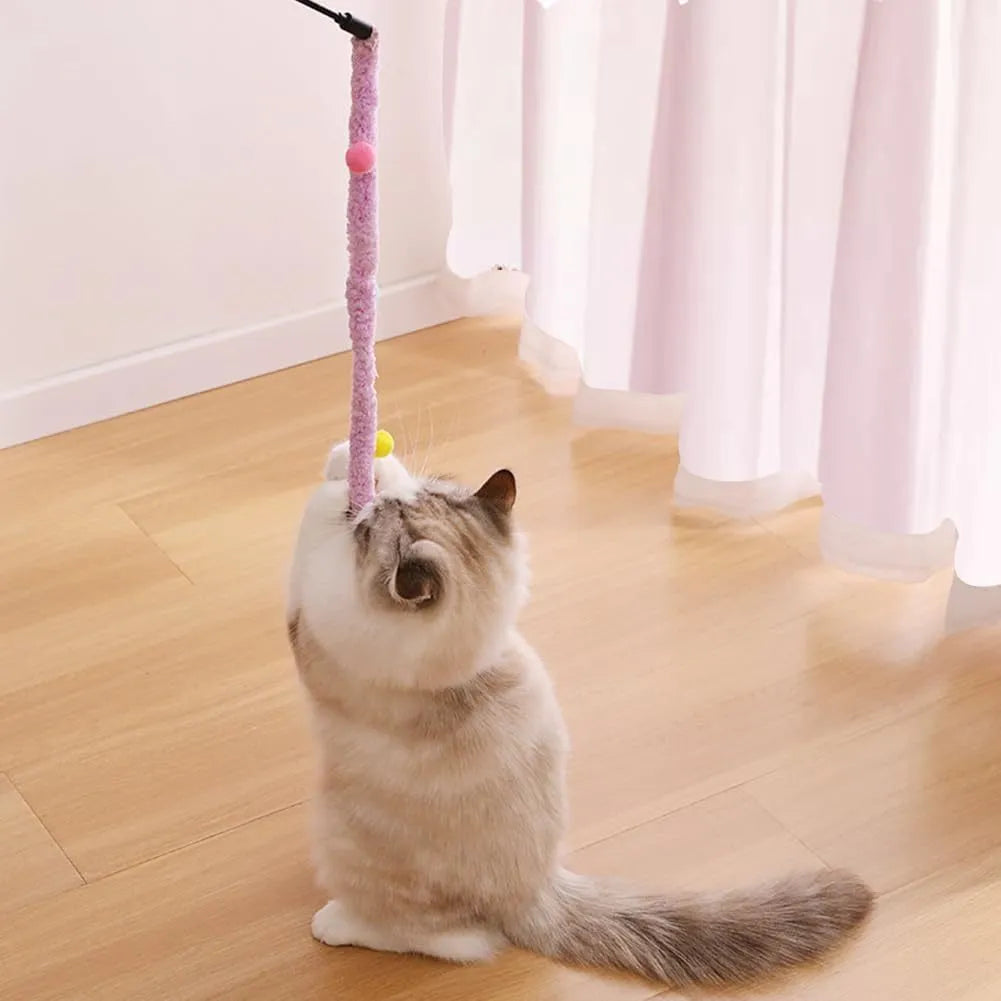 Cat wand toy with long plush strip and colourful ball with bells on 41cm pole
