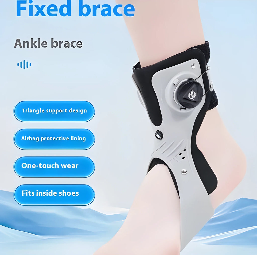 Grey and black ankle support brace with airbag button construction showing left and right versions