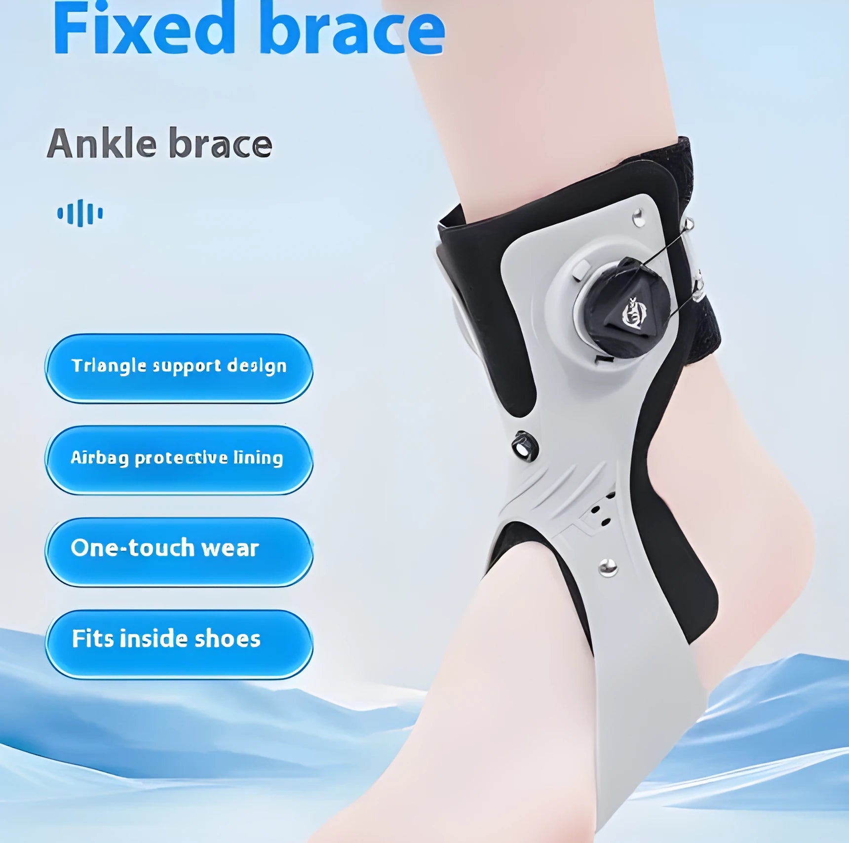 Grey and black ankle support brace with airbag button construction showing left and right versions
