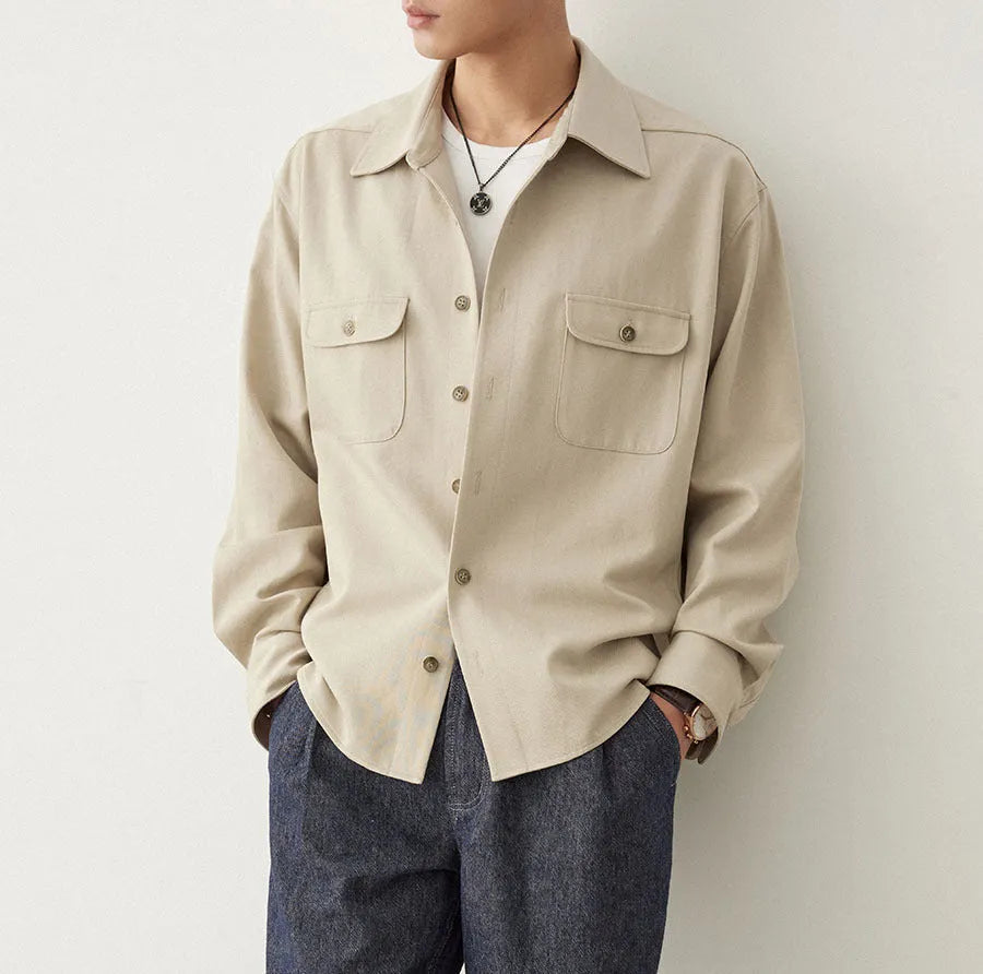 Men's long sleeve shirt with cotton fabric lapel in light sand rice colour