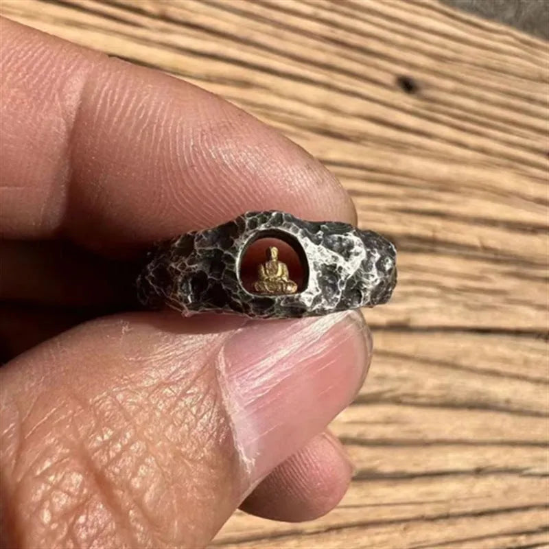 Hand-forged copper Grotto Buddha ring with rock texture finish, shown in size No. 8.